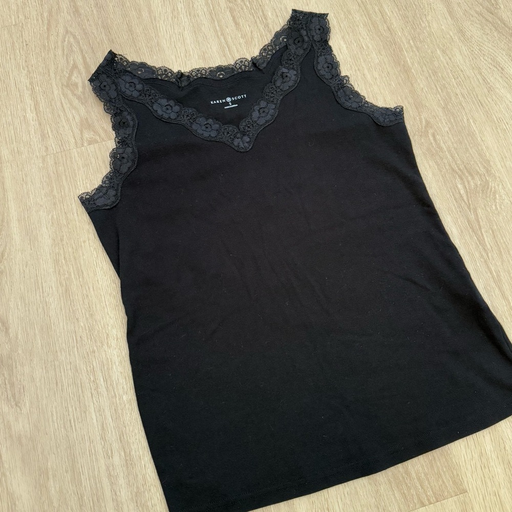 Gently Used Karen Scott Size Small Black Cotton Tank Top with Lace Trim - Picture 3 of 8